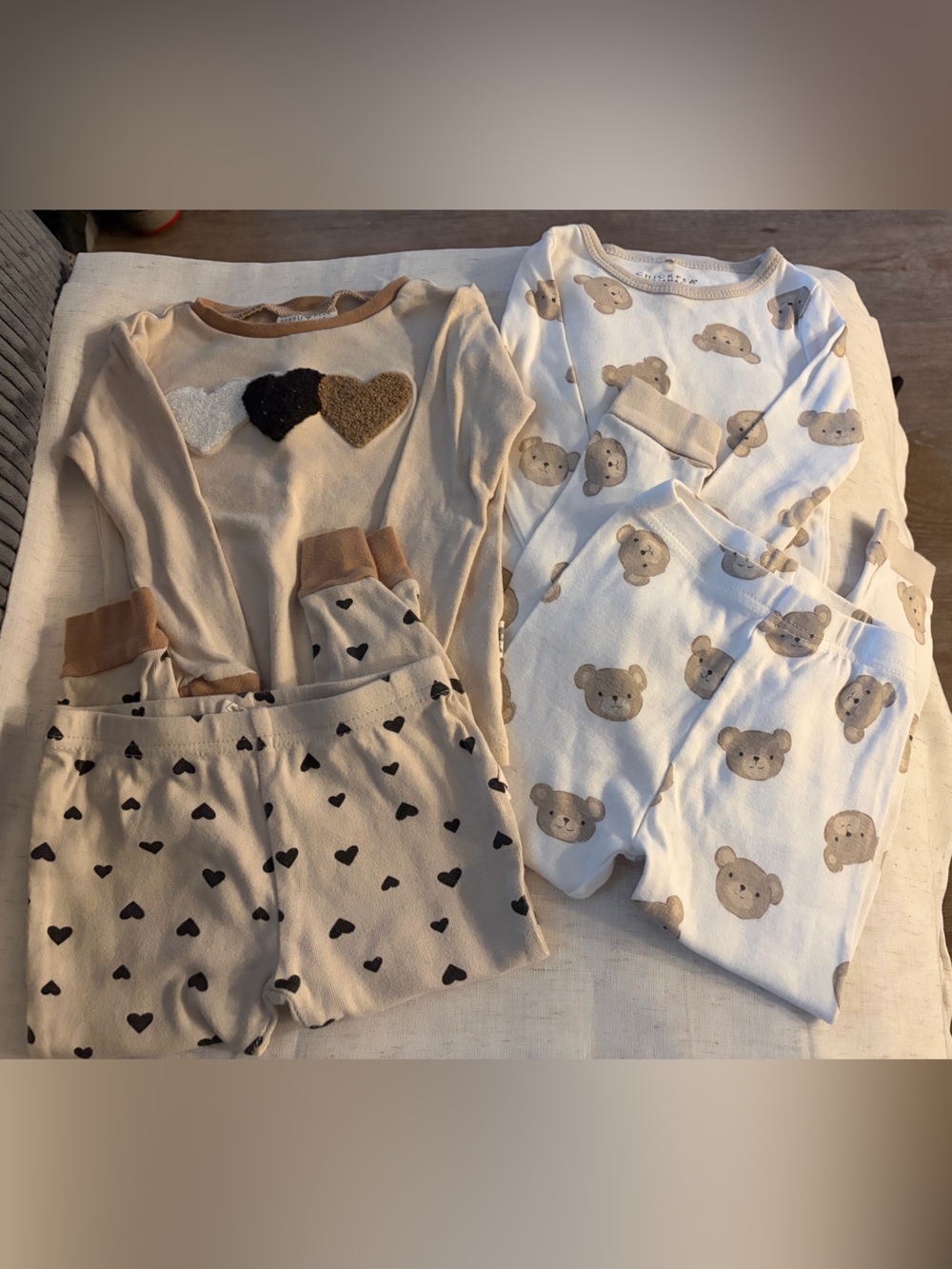 Baby Pajama Set with Bear Print & Neutral Heart Pajama Set